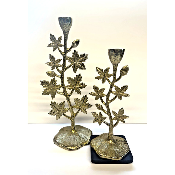 Set of 2 ~ 13" & 10" Gold tone Leaf and Acorn Tall Candlesticks made in India - Picture 1 of 6